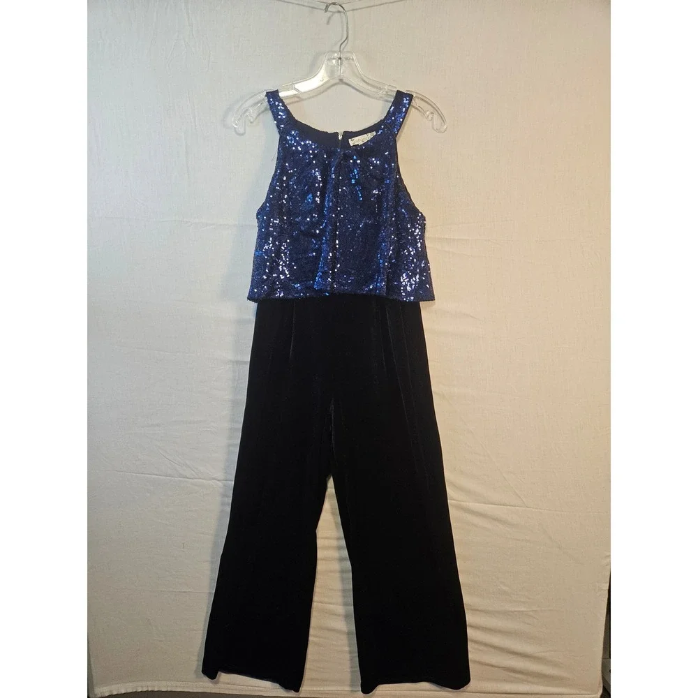 Knit Works Girls Blue Sequin Black Velvet Wide Leg Jumpsuit Size 14 7974273
